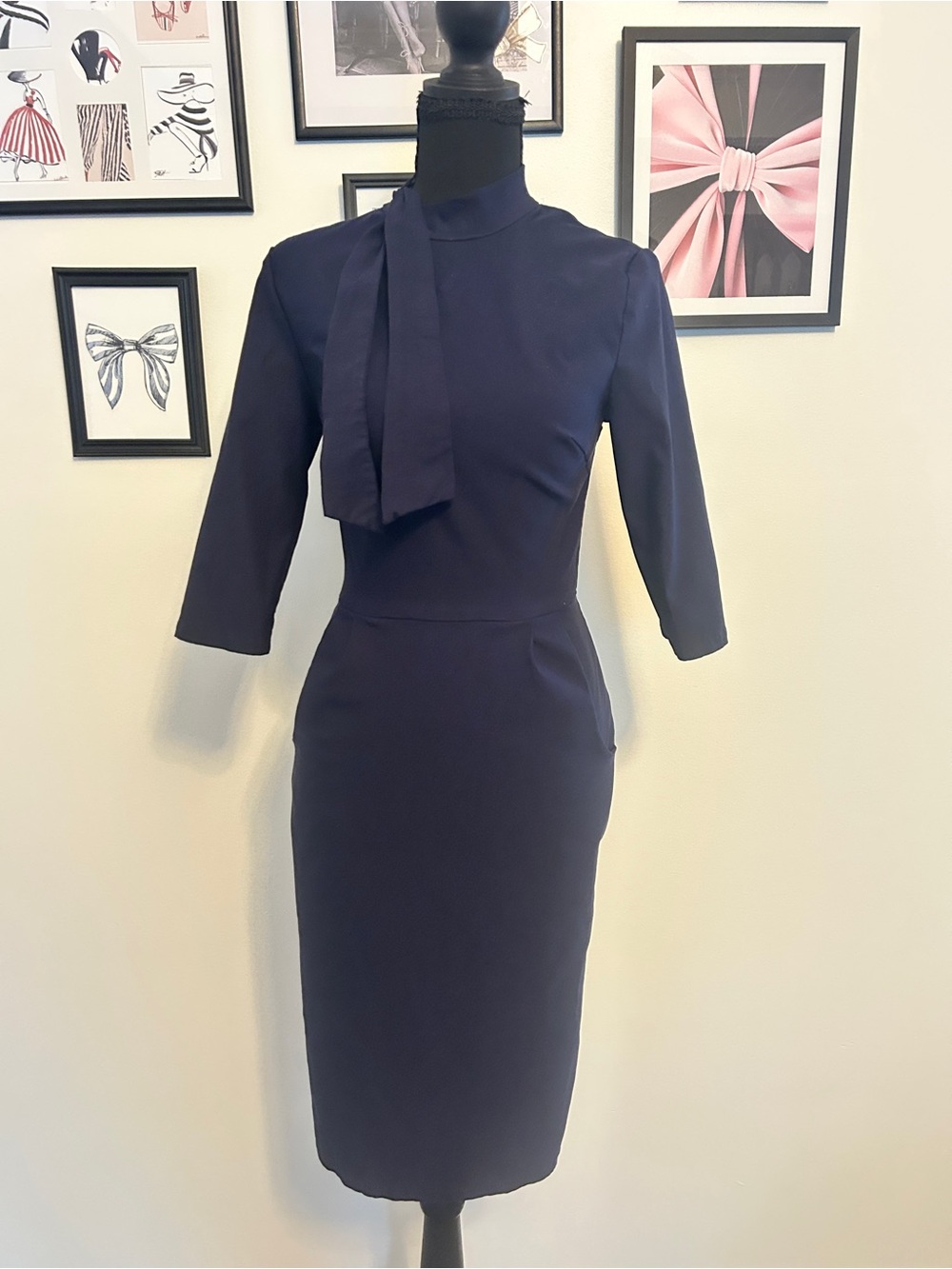 Elegant Navy Tie-Neck Sheath Dress
